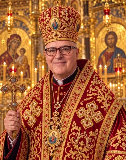 Archbishop Metropolitan Michael Wiest in red ceremonial vestments